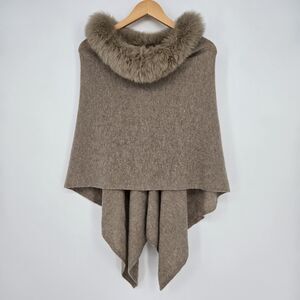 100% Cashmere Poncho Sweater Genuine Fox Fur Collar Pullover Brown Cozy